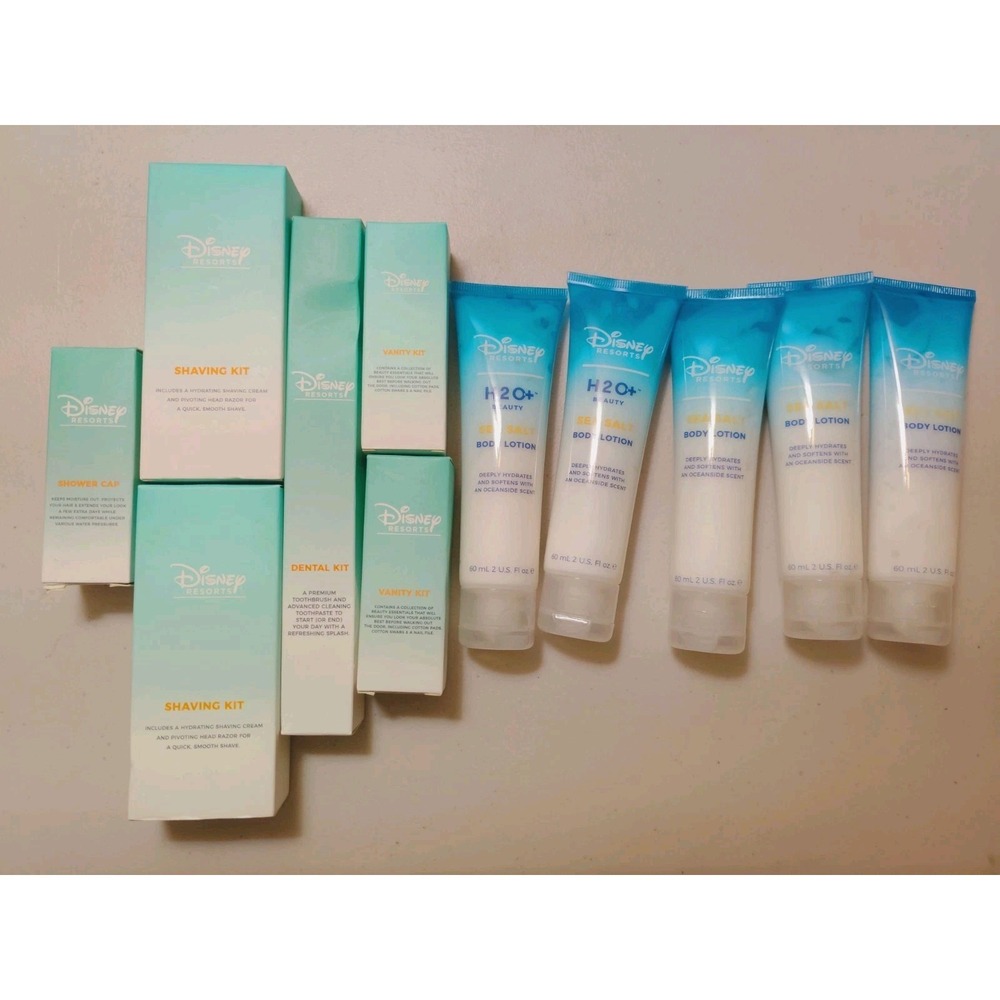NIB Disney Resorts Toiletries: Body lotion, shaving, vanity, dental, shower cap